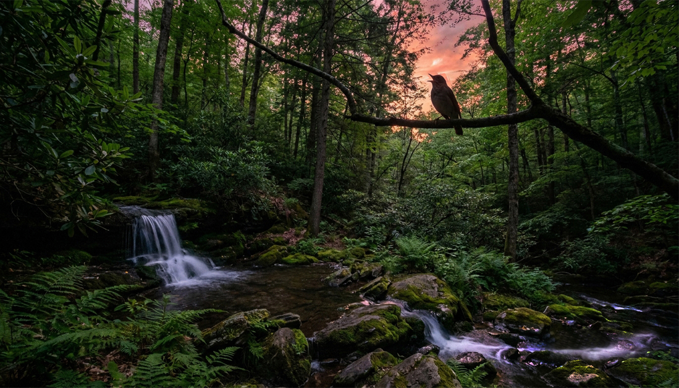 Veery singing at dusk along Cayuta Lake outlet. AI-assisted photo © Lang Elliott